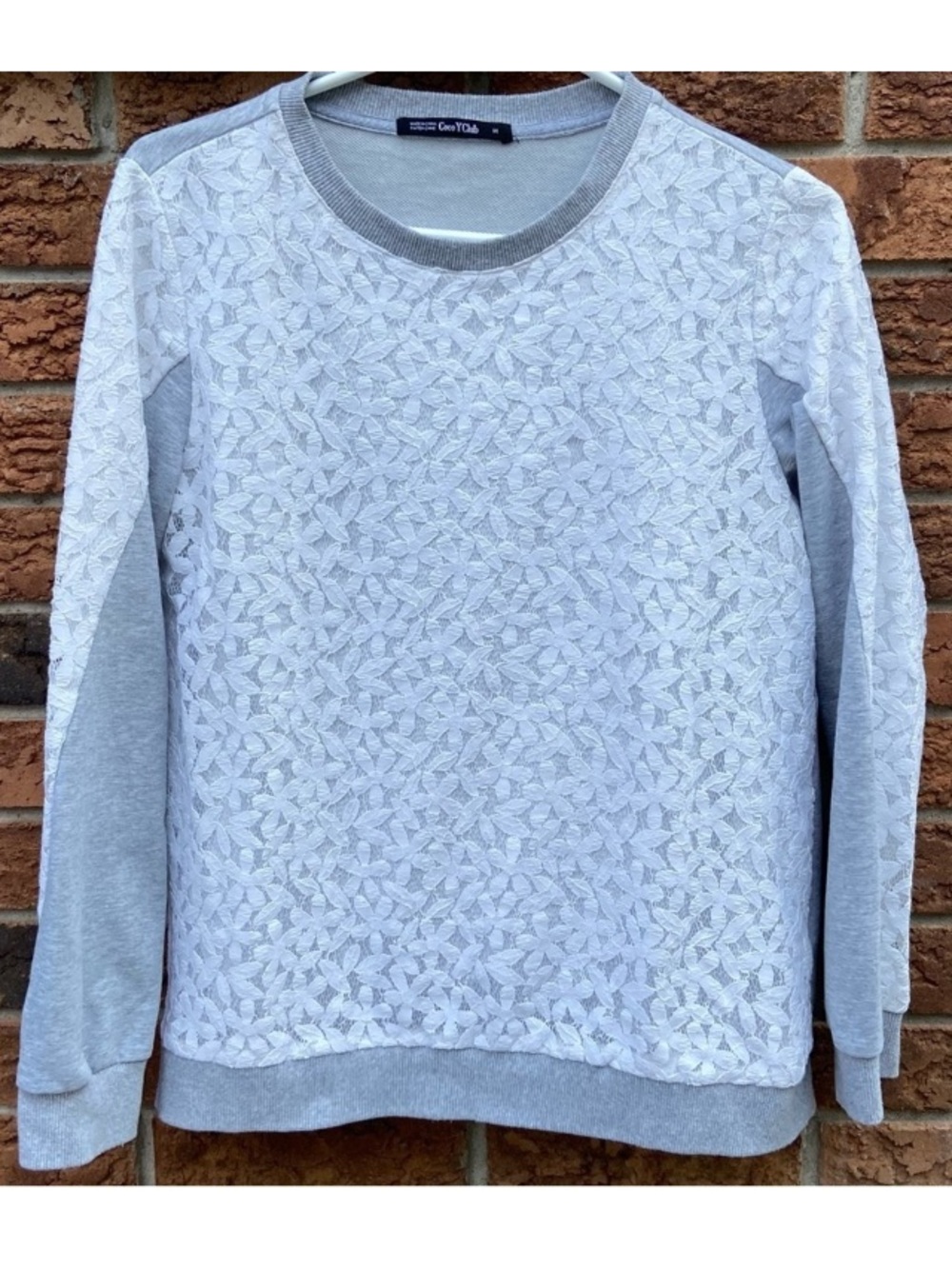 Coco Y Club grey sweatshirt with white lace overlay. Great shape. Size M